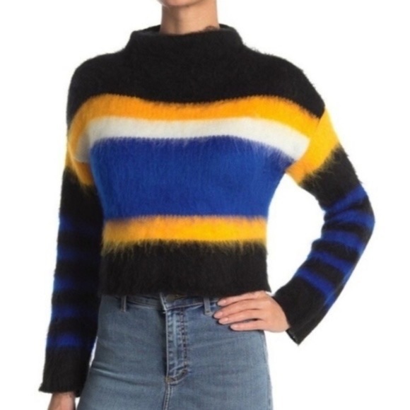 Women's Black Yellow Blue Colorblock Fuzzy Sweater Size XL NEW - Picture 1 of 5